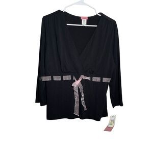 Dotty G Top Women's Large Black Bow Ribbon V-Neck 3/4 Sleeve Top Shirt NWT